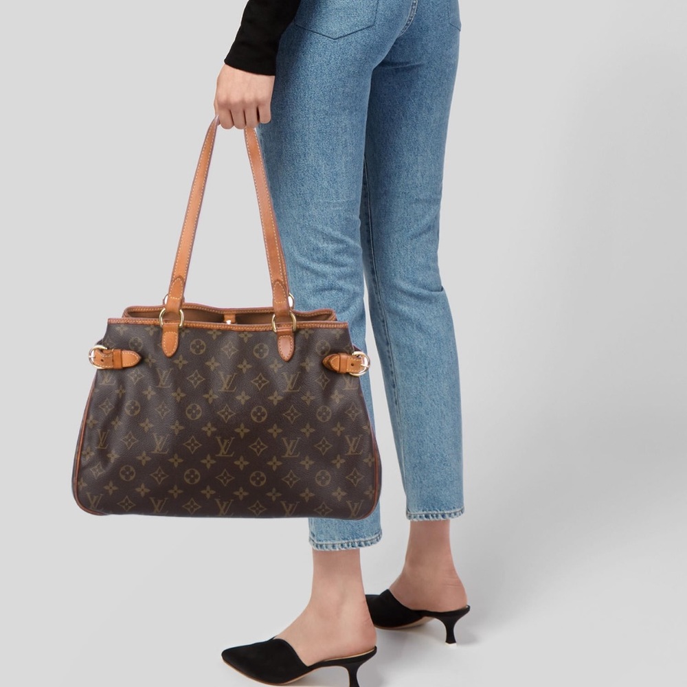 Brown/tan monogram coated canvas LV Batignolles Horizontal bag w/brass hw.